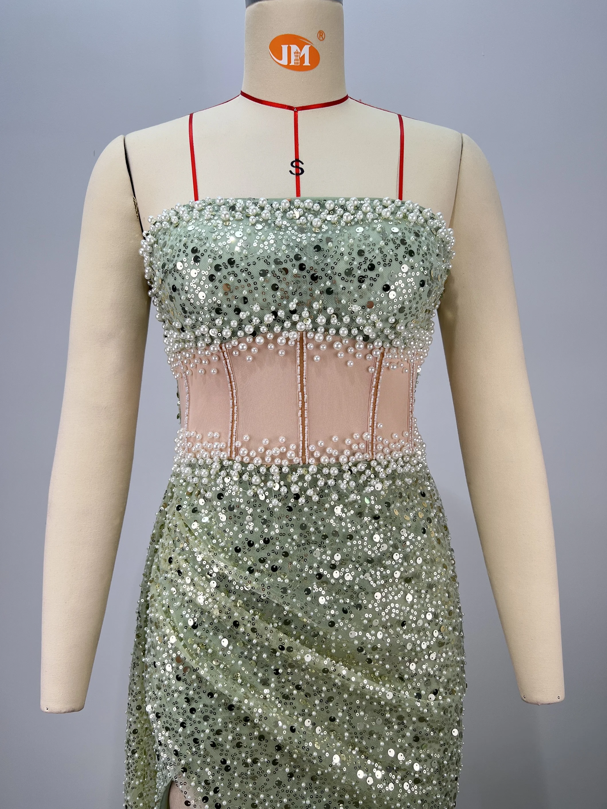 Women's Light Green Bandage Fishtail Gown Sheer Mesh Cutout with Crystal Beads Thigh High Slit Evening Gala Dress​