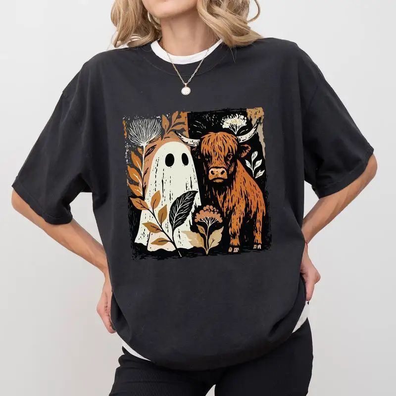 Halloween ghost highland cow shirt spooky cute vintage aesthetic