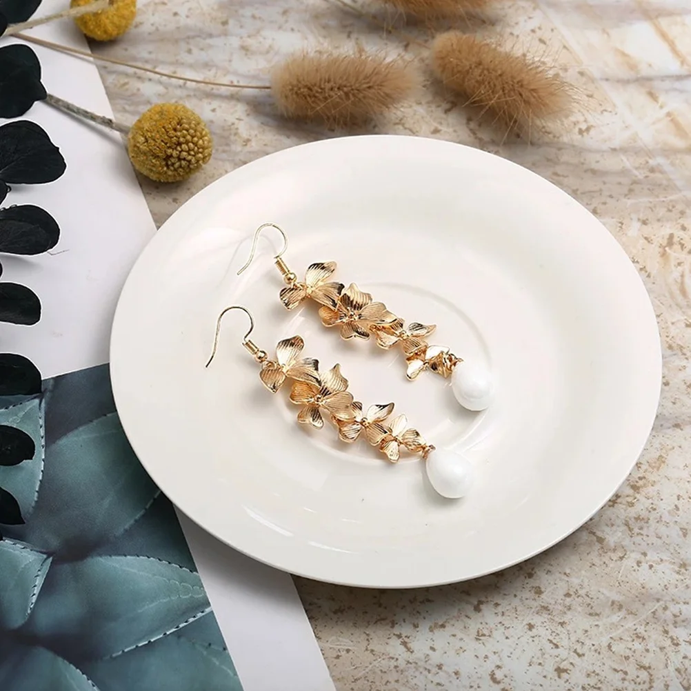 

1Pair Pearl Earrings Elegant Layered Orchid Flower Alloy Dangle Earrings Unique Drop Jewelry for Women Fashion Party Gift