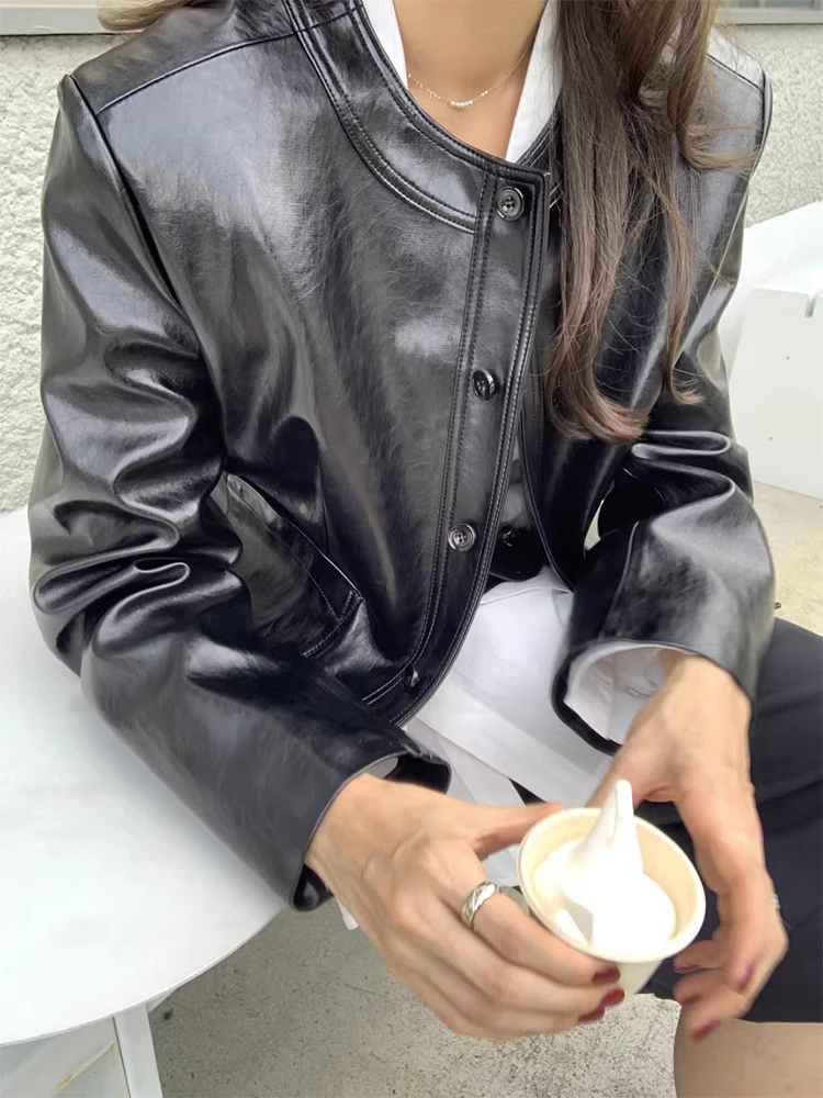 Women's Autumn Winter O Neck Long Sleeve Single Breasted Pu Leather Jacket Lady Streetwear Single Breasted Loose Leather Outwear