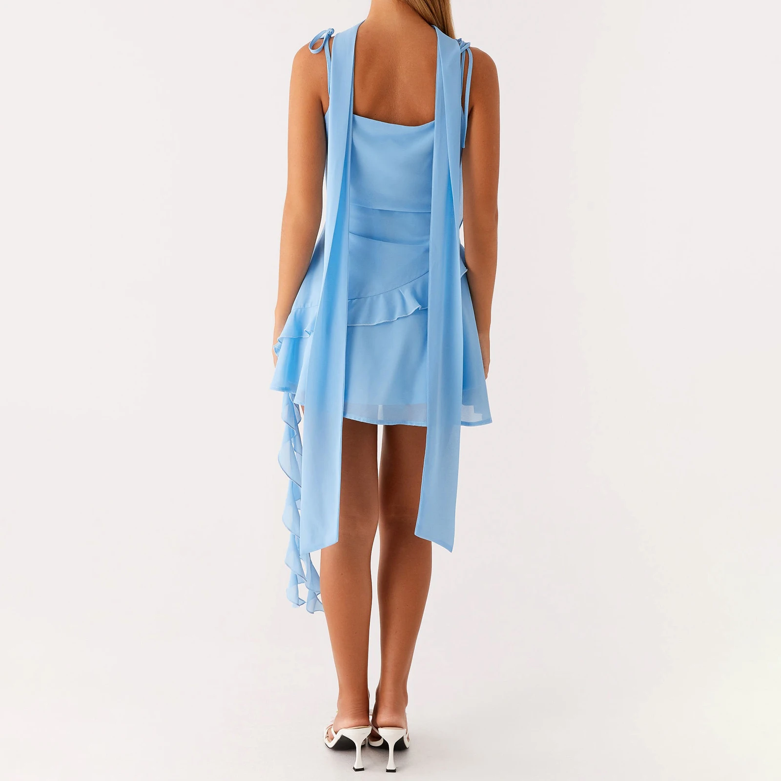 ผู้หญิง 3D ดอกไม้ Ruffle Cami ชุดเดรสแขนกุดสปาเก็ตตี้คอ SLIM FIT ชุดมินิปาร์ตี้ฤดูร้อนชุดผ้าพันคอ