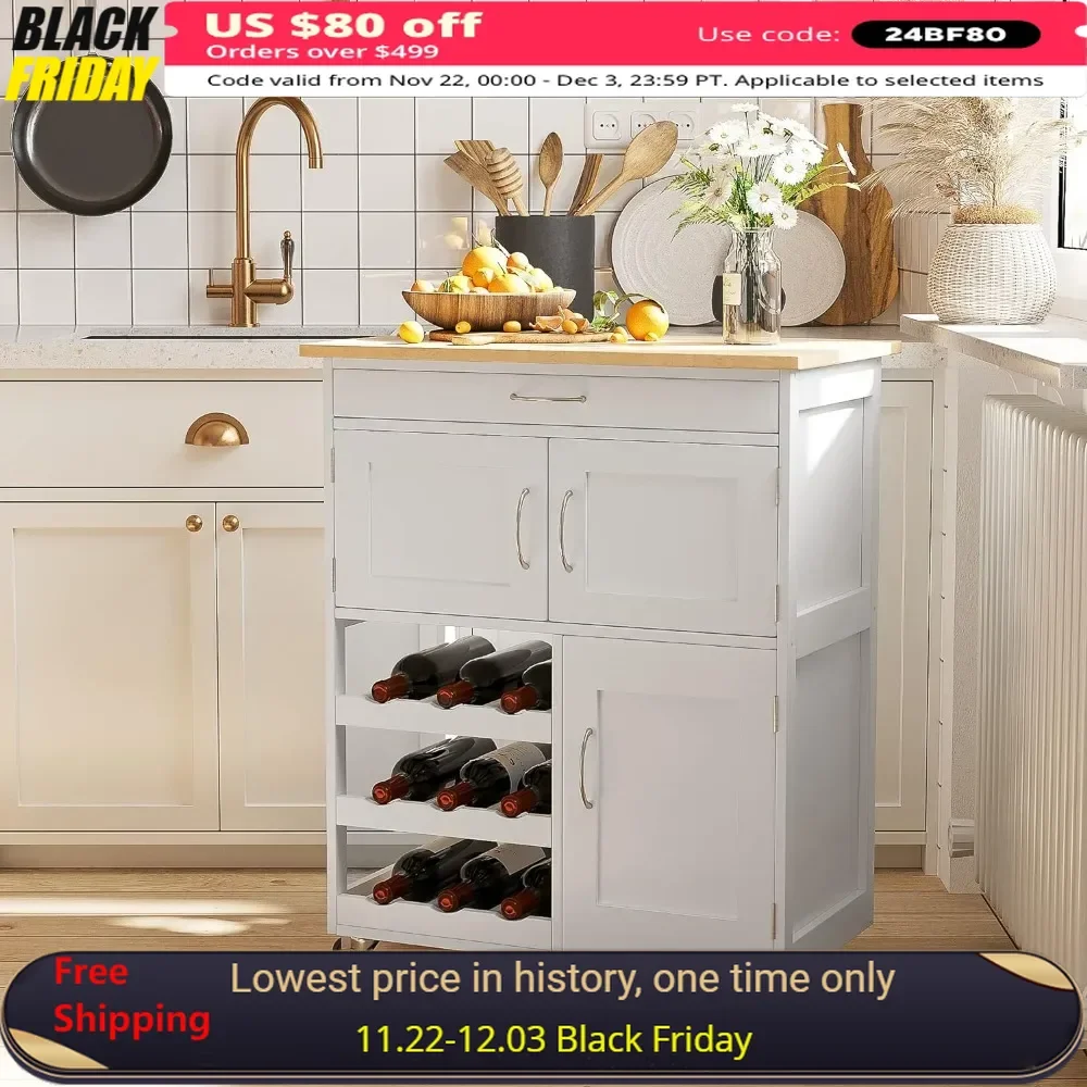 

Kitchen Cart with 9-Bottle Wine Rack with Wide Drawer, Wooden Countertop, Kitchen Cart