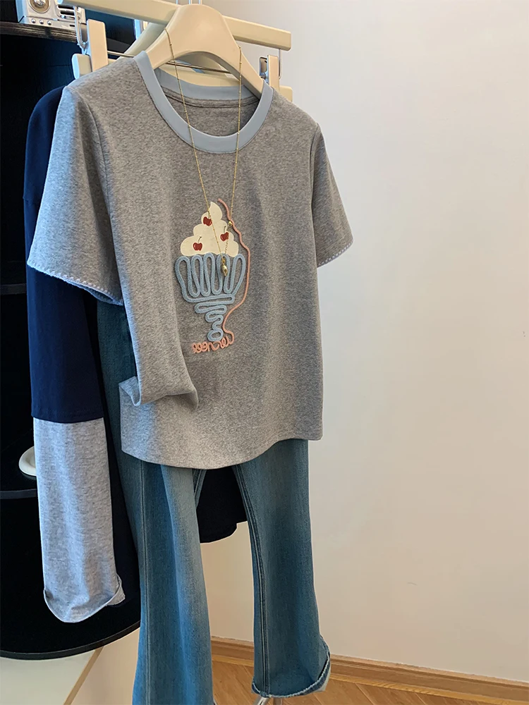 

Корейская футболка с антивозрастной вышивкой Ice Cr ort Sve ex, летняя повседневная универсальная футболка с нитью