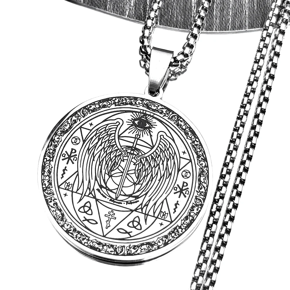 Multiple Elements Symbol Eye of Providence Angle Wing Cross Pendant Necklace Stainless Steel Silver Color Celtic Knot Jewelry