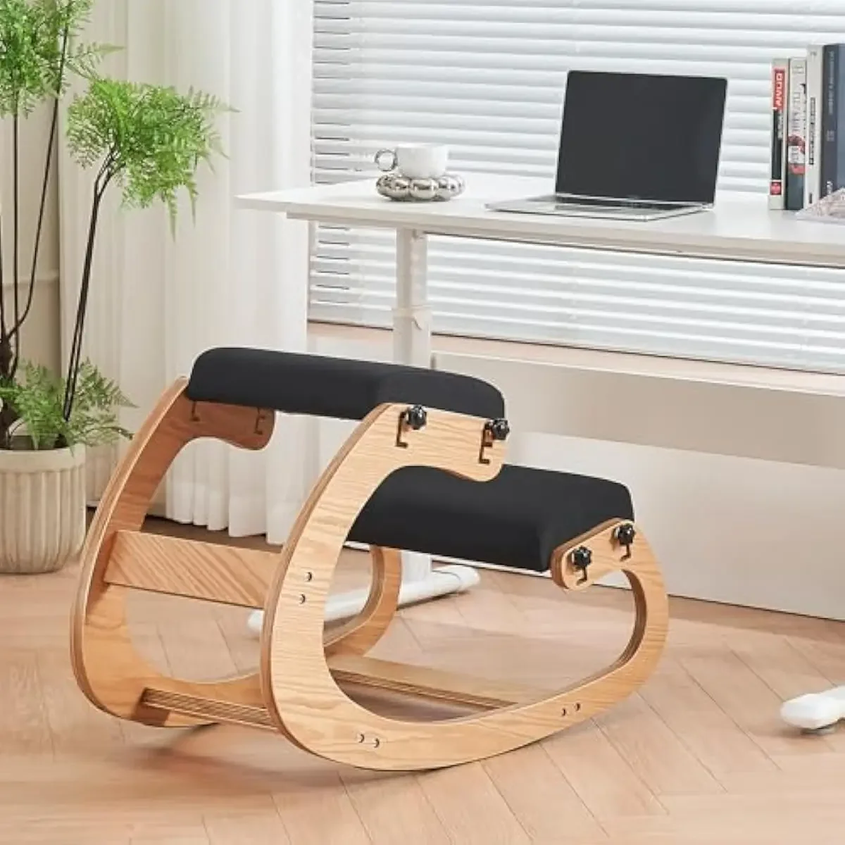 Ergonomic rocking kneeling seat with height adjustable cushion for posture support and back comfort at home or office use wood f