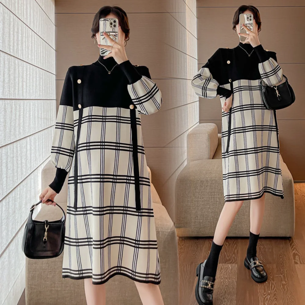 Autumn Pregnant Women Clothes Knitted Dress Long Sleeve Plaid Patchwork vestidos Maternity Dress Pregnancy photoshoot dress