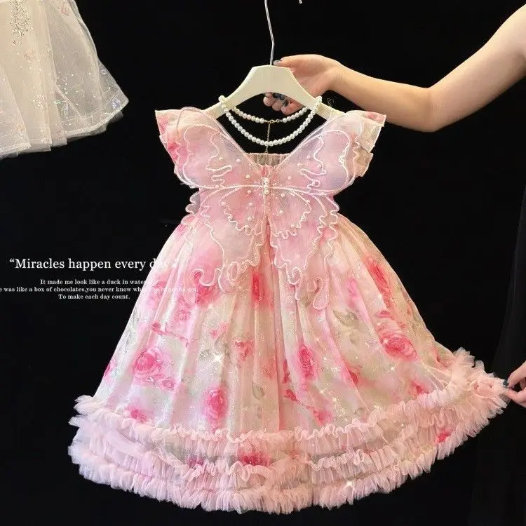 

Baby Girl Sleeveless Thin Pink Princess Dresses Kids Girl Flower Casual Dress Mesh Birthday Ceremony Ball Gown
