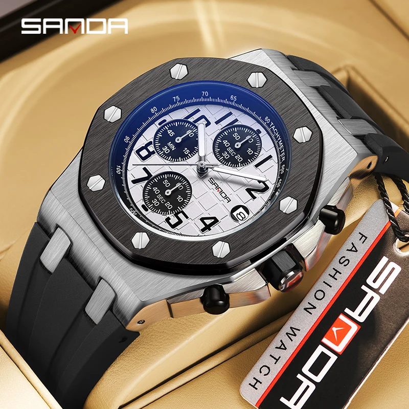 SANDA Sports Watches for Men Chronograph Waterproof Quartz Watch Top Brand Luxury Luminous Hands Silicone Strap Men Wristwatches