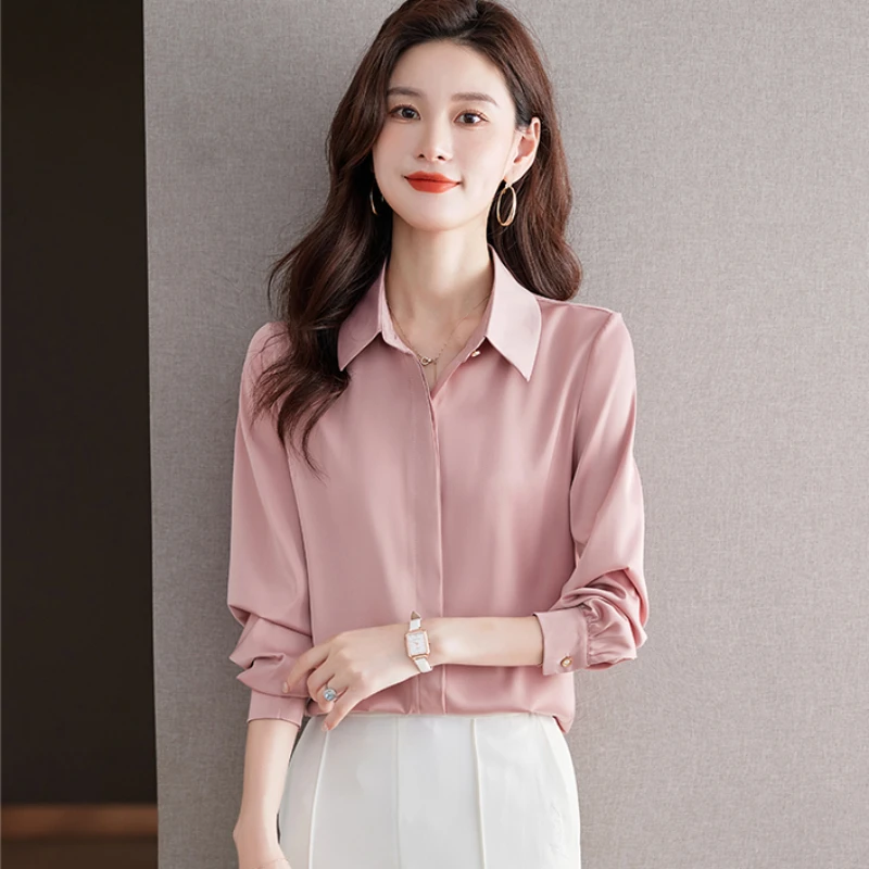 Fashion Women Blouses Satin Elegant Womens Tops Solid Turn Down Collar Women Shirt Long Sleeve Shirts 2023 Autumn Women Clothing