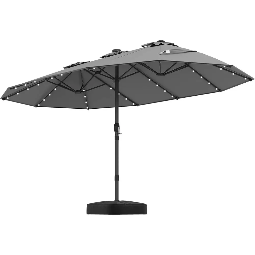 

Extra-Large 15ft Twin Patio Umbrella with 48 LED Lights, Vented, Crank Lift, 12 Ribs, and Weighted Base (Gray)