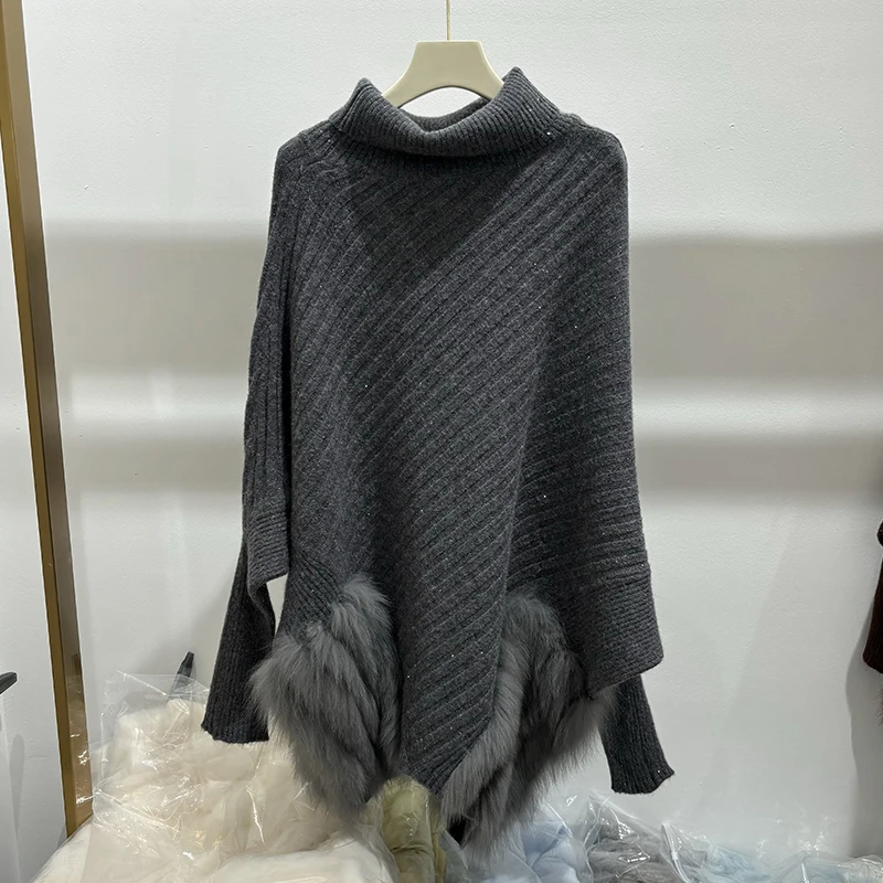 2025 frauen Herbst Grau Echt Fox Pelz Gestrickte Mantel Echtpelz Frühling Fledermaus Ärmel Pullover Tragen