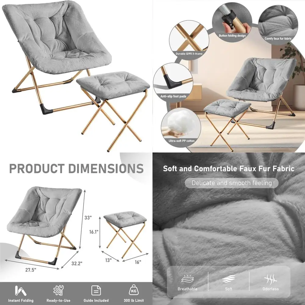 

Oversized Comfortable Faux Fur Reading Lounge Chair for Adults with Stable X-Large Metal Frame and Non-Slip Ottoman