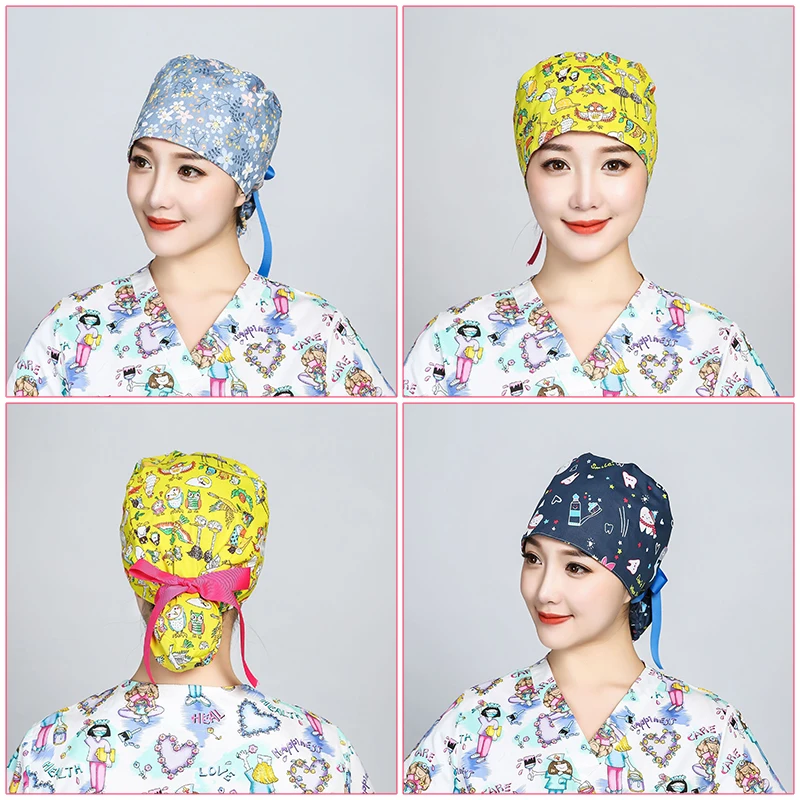 Printed Surgical Cap Scrub Cotton With Button Doctor Wrap Long Hair Adjustable Lace-up Women Beauty Care Hospital Accessories