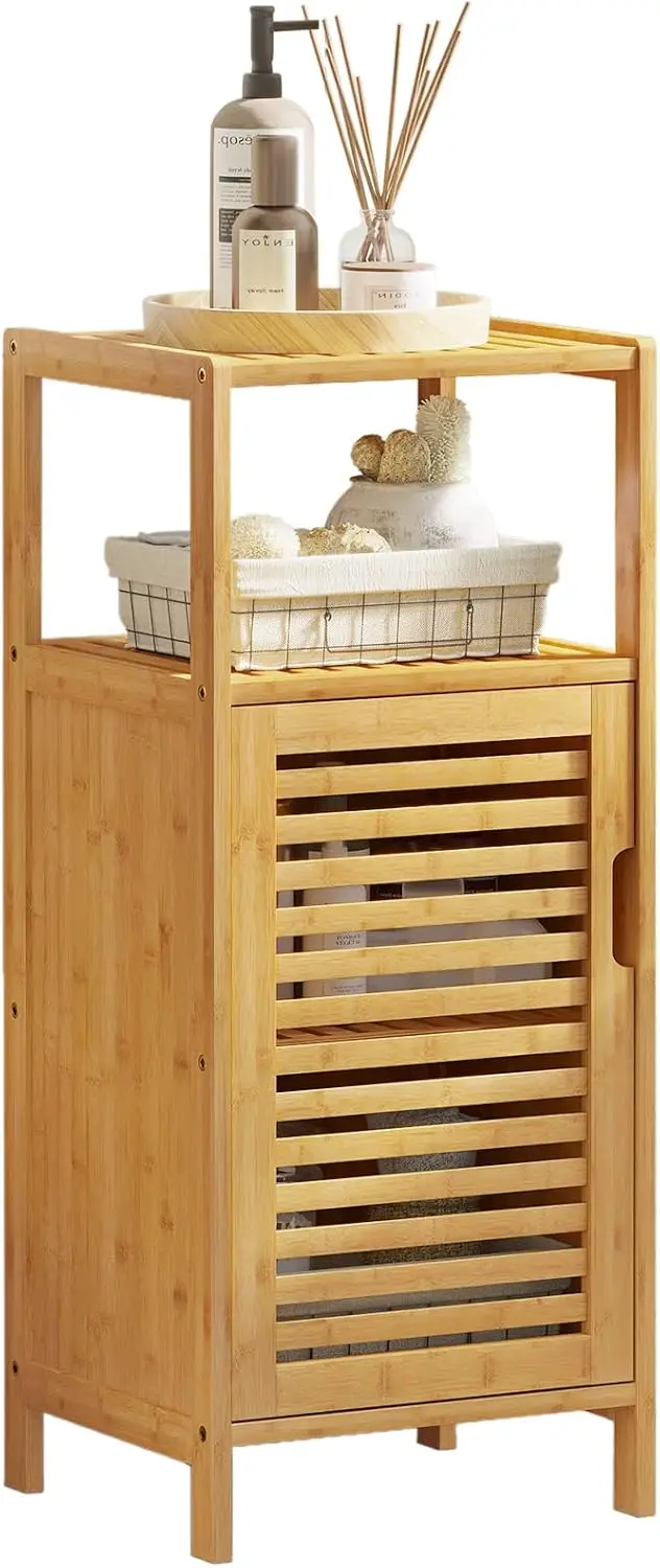 

Бамбуковый шкаф для хранения с дверцей и полкой, отдельно стоящий органайзер для ванной комнаты, кухни, гостиной