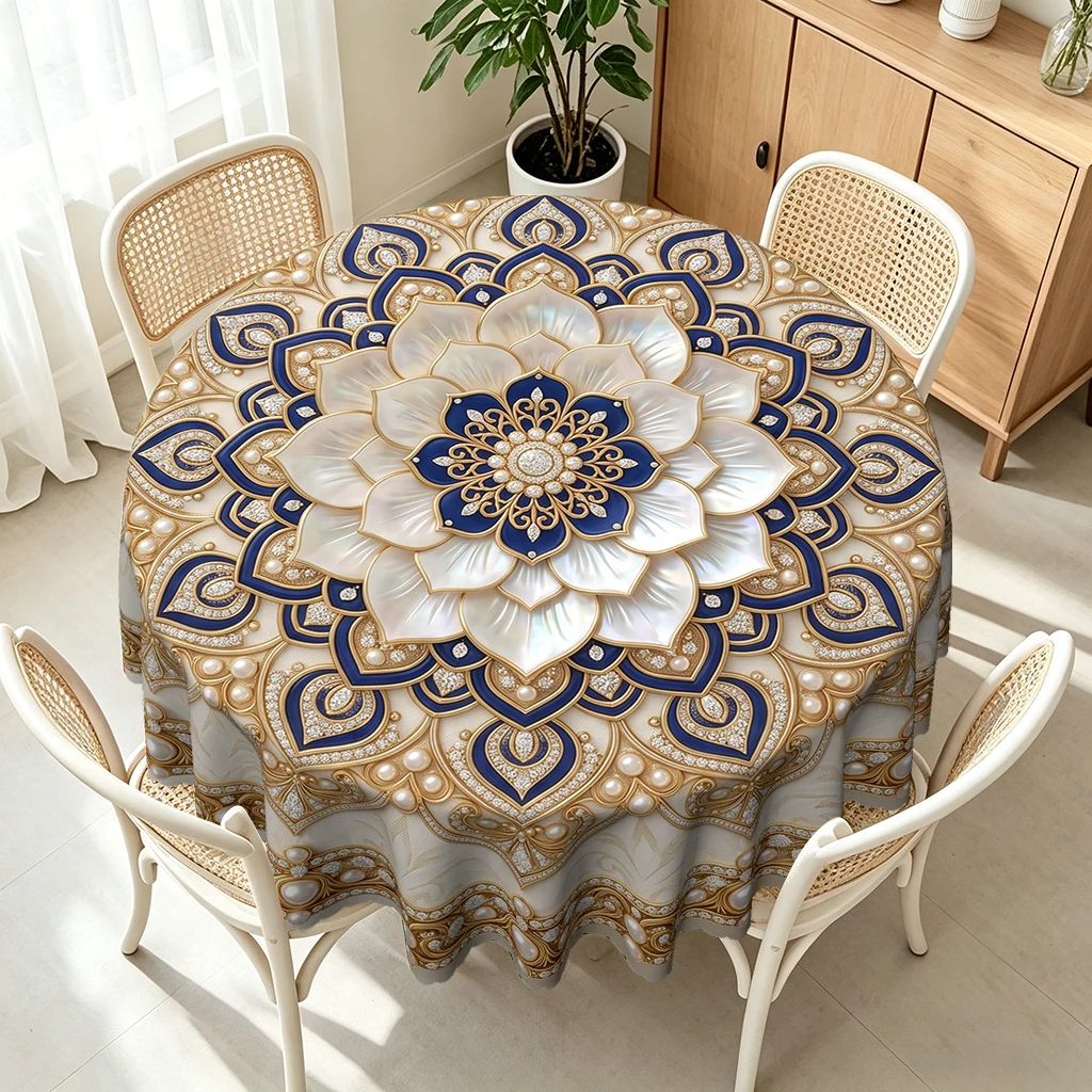 Royal Ornate Blue Gold Floral Round Tablecloth, 3D White Lotus Pearl Embossed Look Tablecover for Dining Table Cafe Restaurant Buffet Party Event Gatherings, Durable Washable Wrinkle Free Decorative Cloth for Festive Holiday Kitchen Room Decor