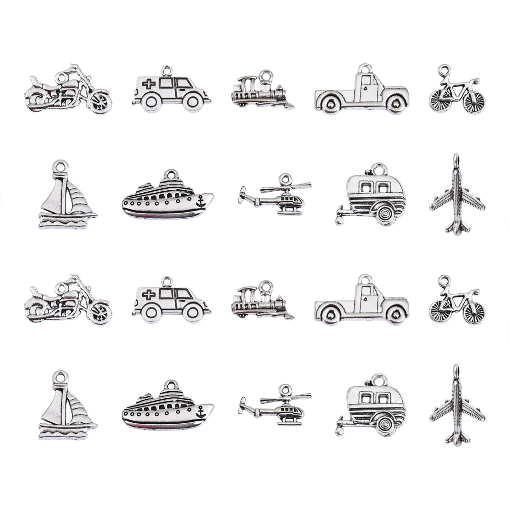 100pcs Vehicle Theme Charms 10 Styles Alloy Motorcycle Ambulance Train Ship Plane Transportation Charms for Jewelry Making