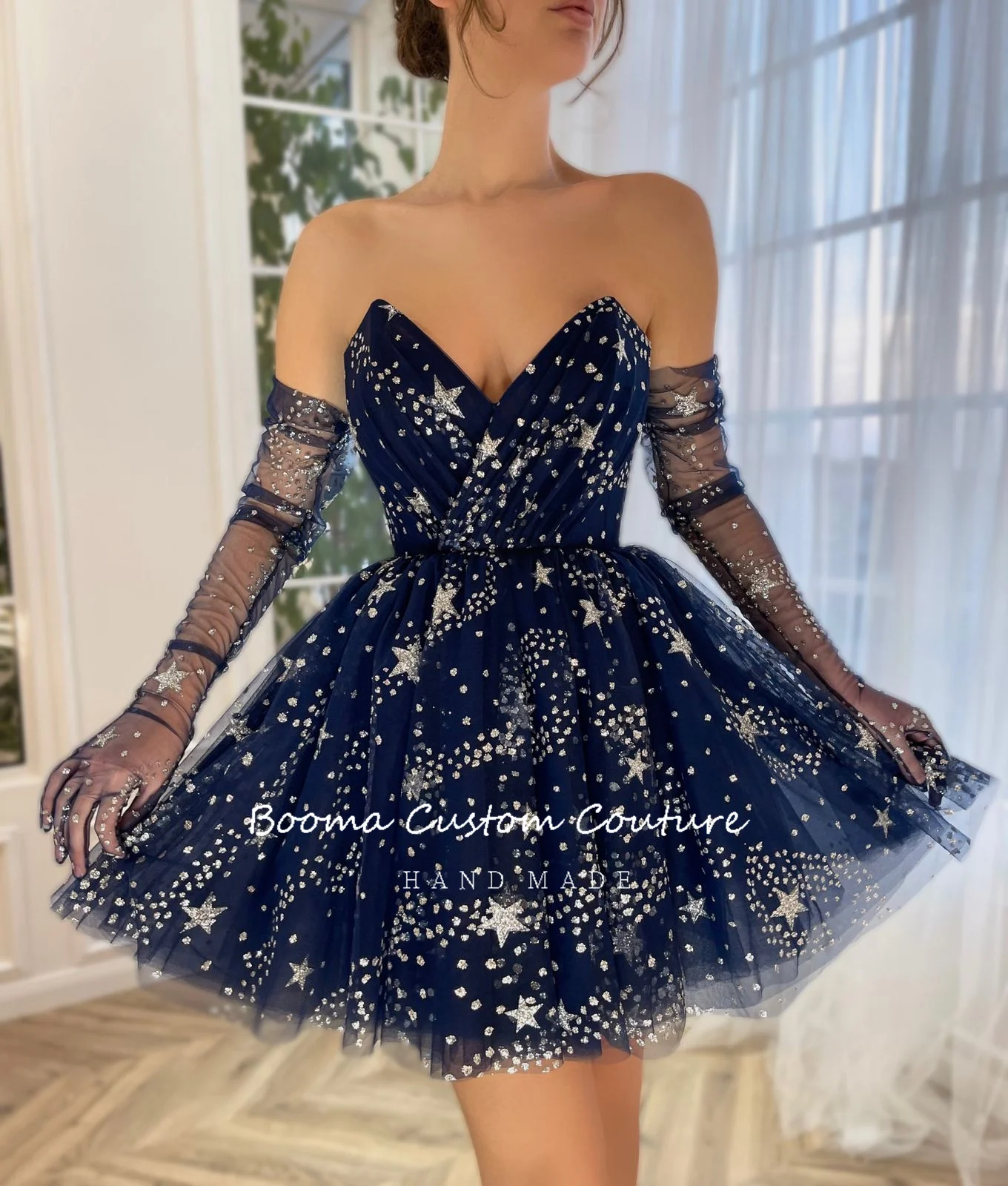 Booma Glitter Navy Blue Starry Tulle Mini Prom Dresses Sweetheart Above Knee A-Line Evening Party Gowns Short Formal Event Dress