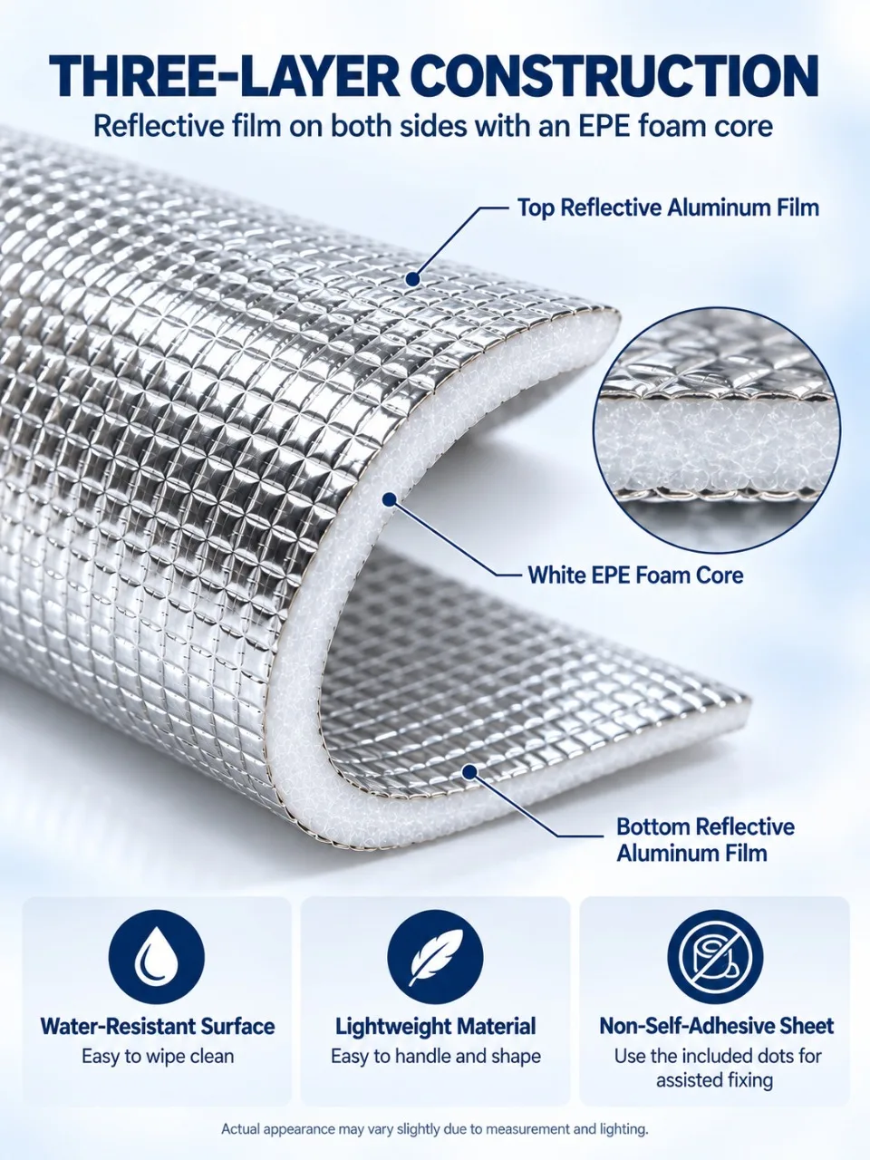 6/9mm Dicke Doppelseitige Aluminiumfolie EPE-Schaumstoff-Isolierrolle 50x200cm Reflektierende Wärmebarriere für Fenster, Wand, Dach, Auto – Detail 2