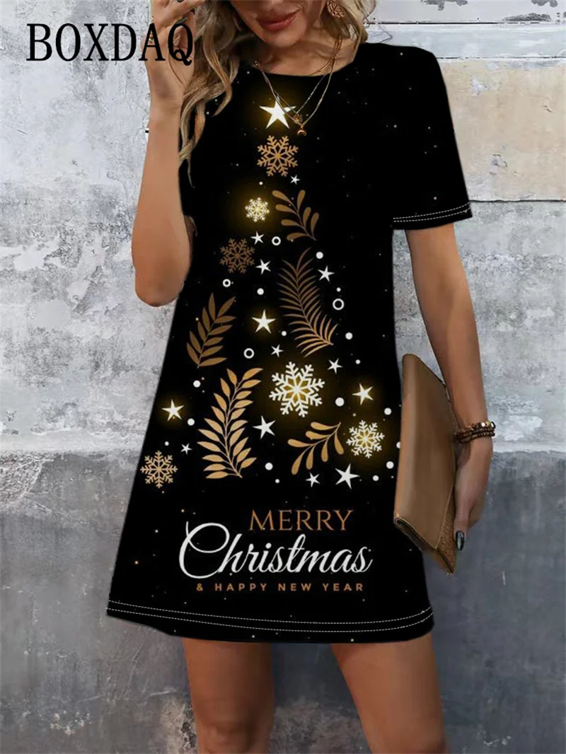 Women Christmas Clothing Winter Party Christmas 3D Print Dress Christmas Casual Short Sleeve Fashion Loose A-Line Dress Vestidos