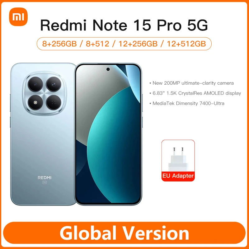 Смартфон Xiaomi Redmi Note 15 Pro 5G Global Version с процессором MediaTek Dimensity 7400-Ultra, 6.83-дюймовым AMOLED-дисплеем и основной камерой 200 МП