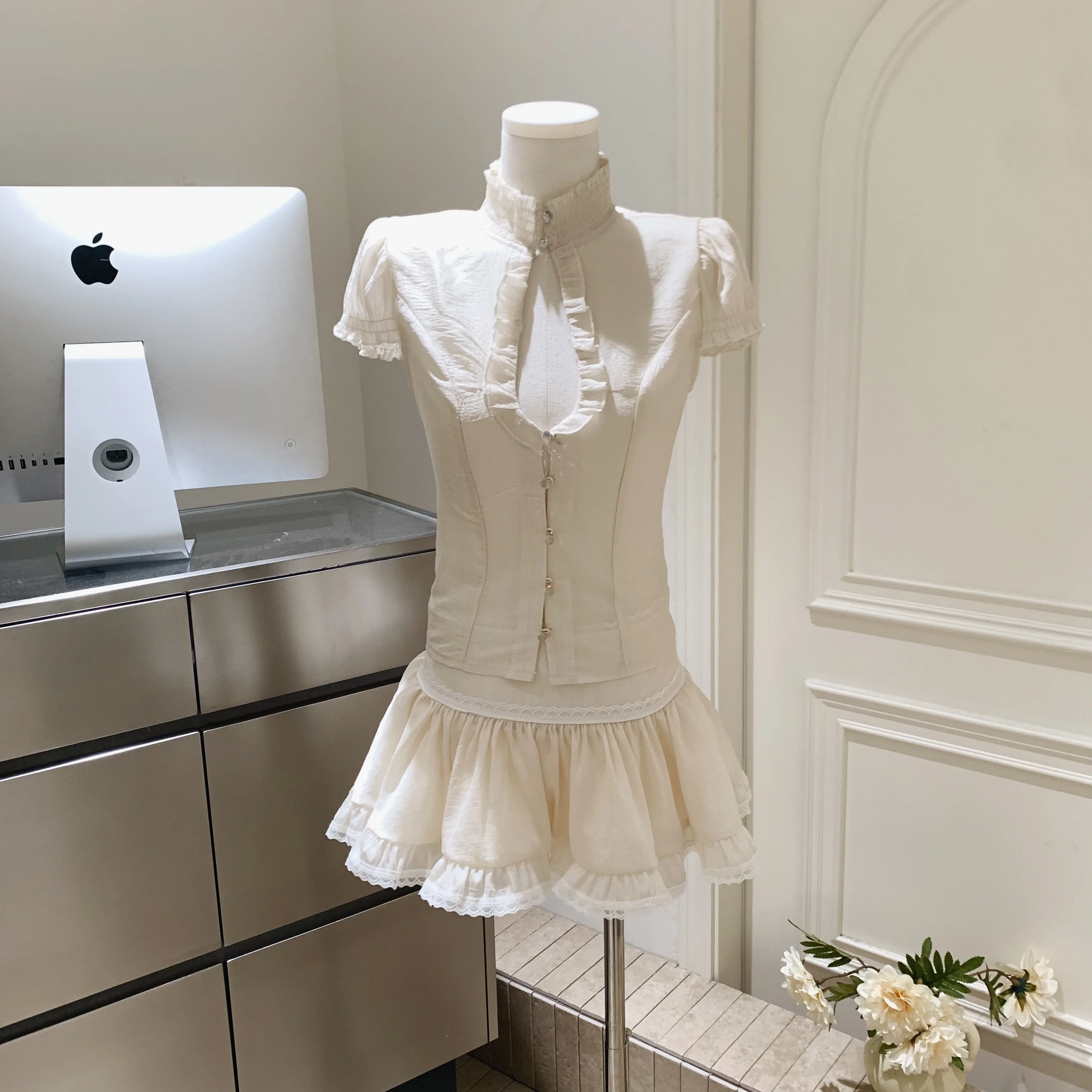 

Women's Sweet Summer Two Pieces Skirt Set Lady Stand Collar Slim Short Sleeve Top + Lace Hem A Line Mini Skirt