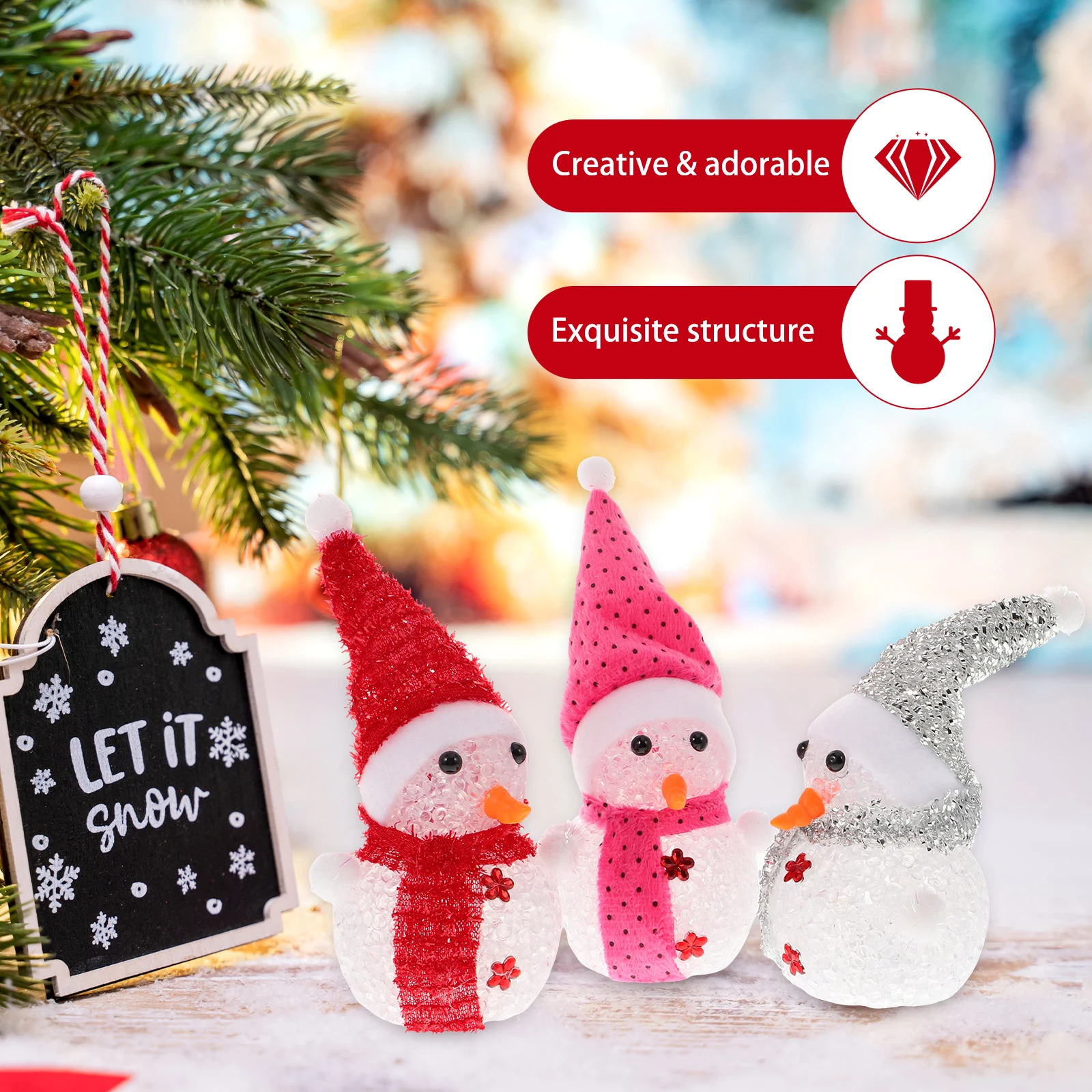 

3 Pcs Christmas Snowman Glitter Ornaments Child Xmas Mini Desk Light up