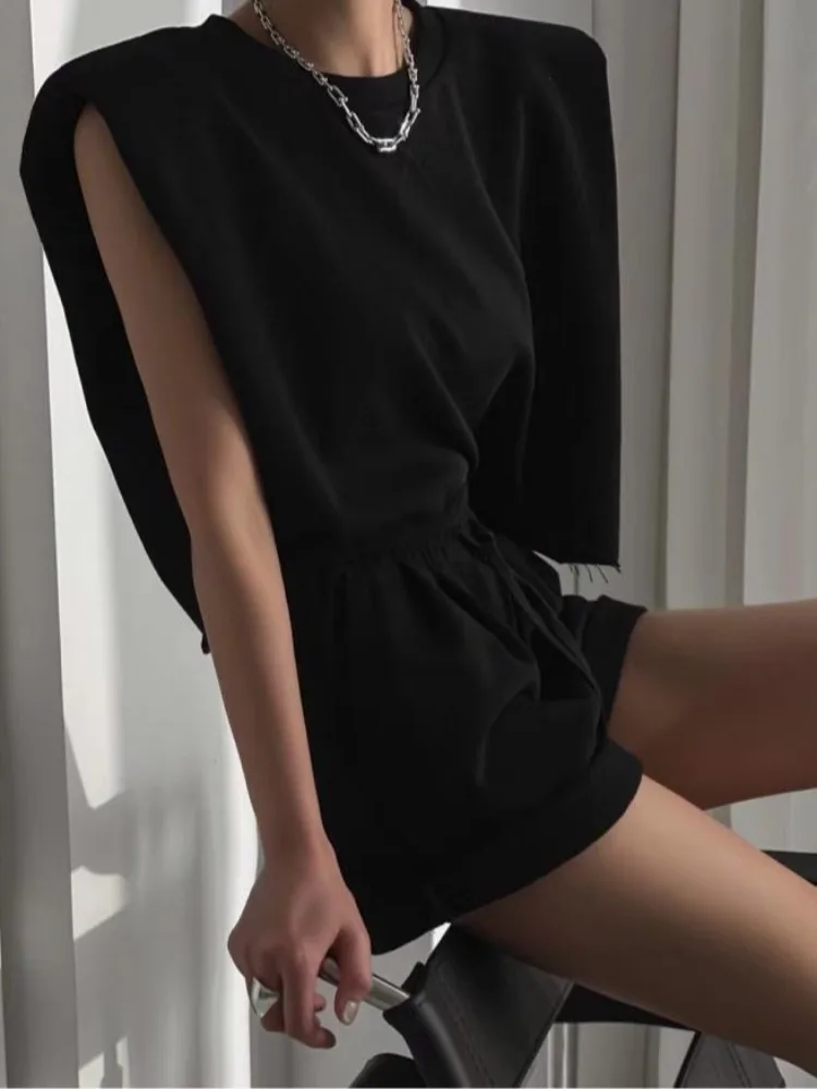 숄더 패드 민소매 티셔츠 베스트 숏탑 하의 세트 여성 여름 패션 청춘 스타일 출퇴근 순수 전자상거래