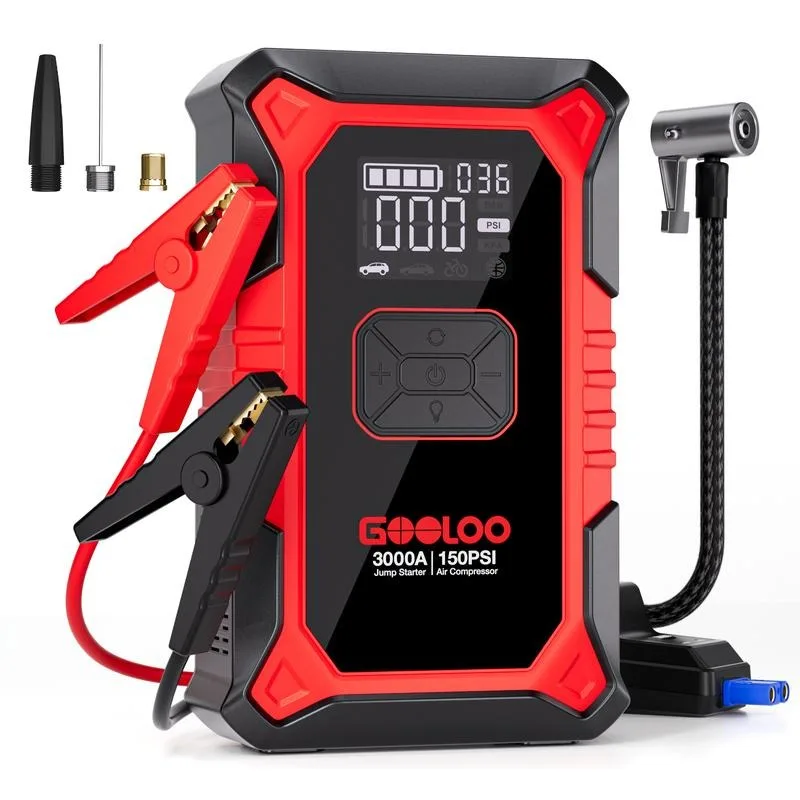 GOOLOO A3 Portable Car Jump Starter with Air Compressor, 3000A Car Battery Jump Starter (9.0 Gas/6.5L Diesel)