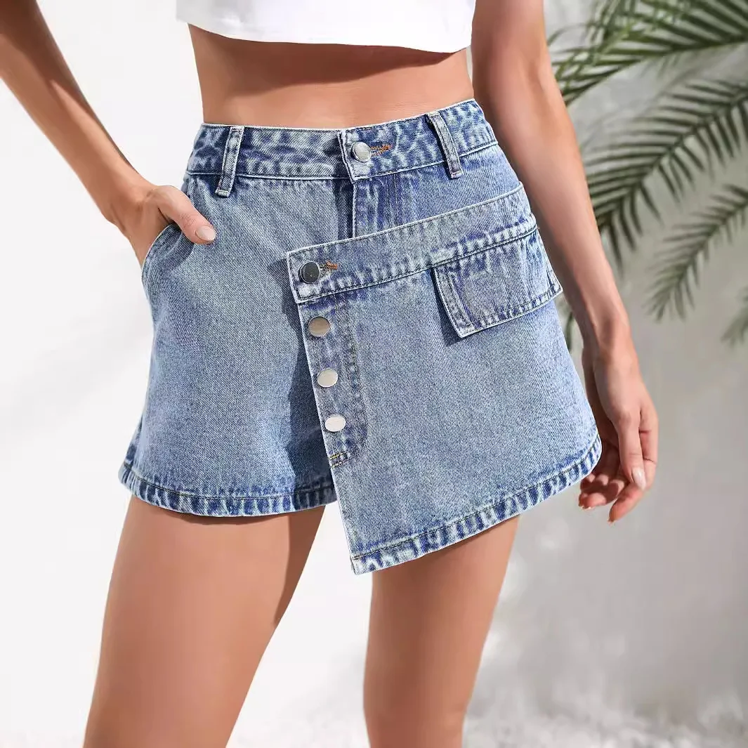 

Women Denim Mini Skort Streetwear Irregular Shorts Jean Short Pants Multi Button Pockets Female 2024 Summer Vintage Denims