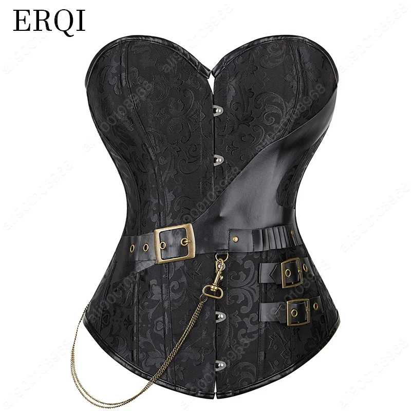 Piracki gorsetowy top z łańcuszkiem Gotyckie gorsety dla kobiet XS-7XL Plus Size Overbust Faux Leather Gorset Top Steampunk Czarny Brązowy
