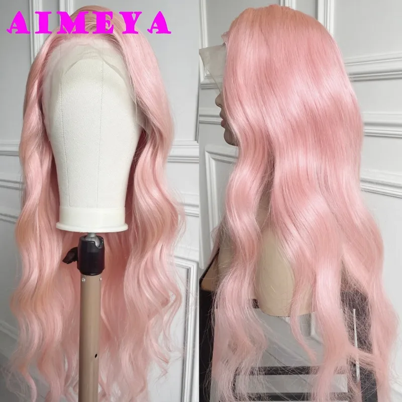 AIMEYA Light Pink Lace Front Wig Long Body Wave Synthetic Lace Hair Natural Hairline Heat Resistant Fiber Daily Use Cosplay Wigs