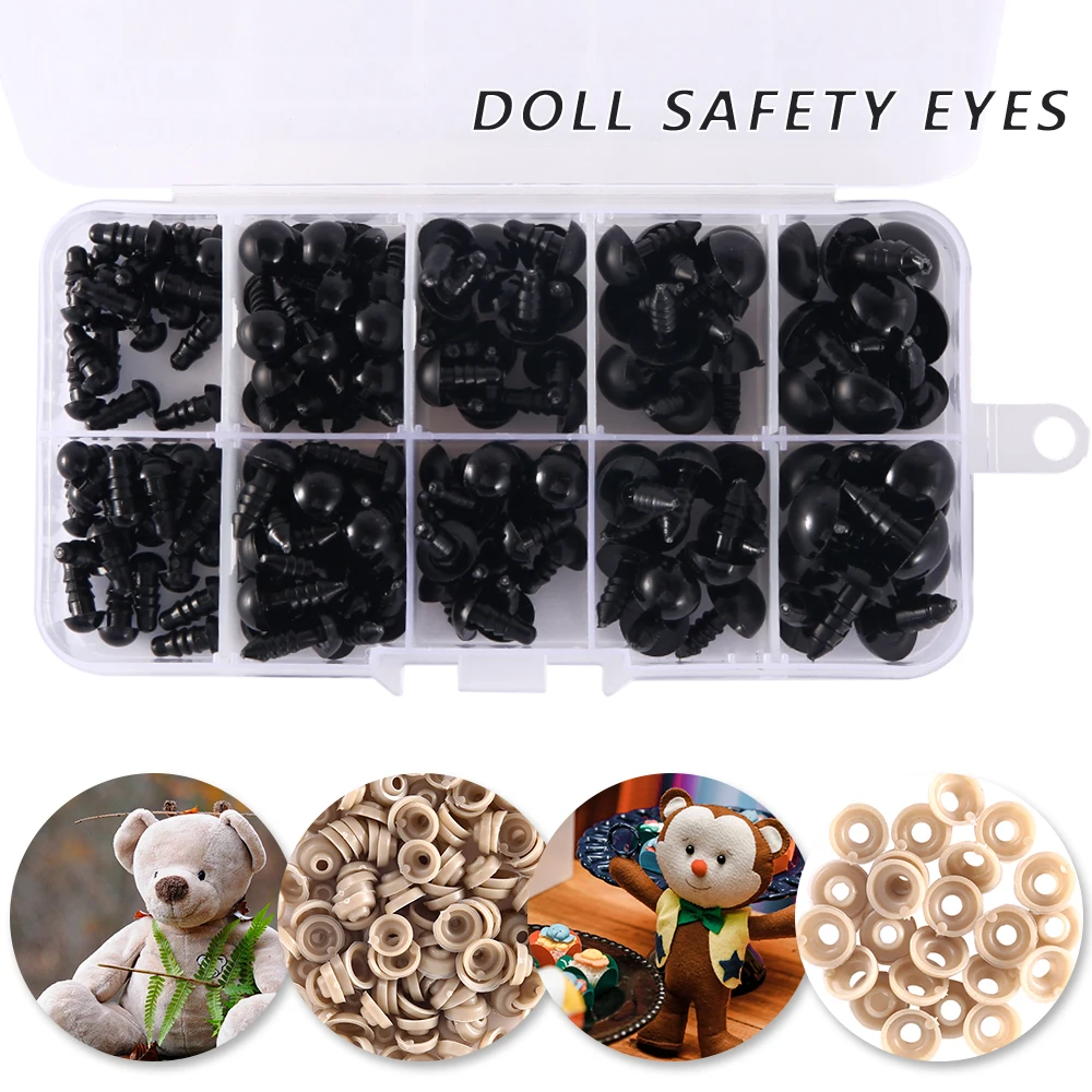 150pcs DIY Doll Safety Eyes 6-12mm Black Plastic Crafts Eyes for Bear Toy Kids DIY Craft Stuffed Animal Doll Accessories