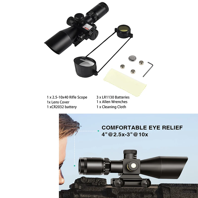 

MidTen 2.5-10x40 Rifle Scope Red Green Illuminated Mil-dot Optics Riflescope Red Laser Sight For 20mm Picatinny Rail for Hunting