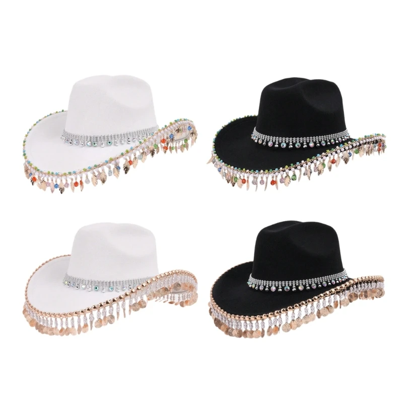 Vacation Cowboy Hat Pearls Panama Hat Crystal Tassels Hat Leaves Hand Beading Crystal for Carnivals Music Festival