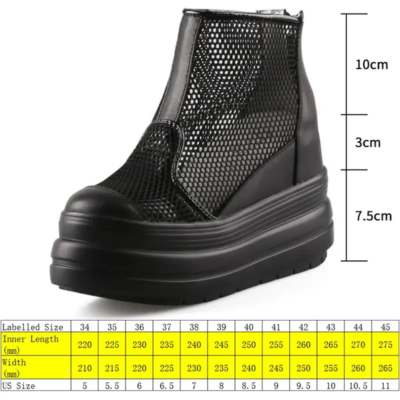 Krasovki 10cm Air Mesh Cloth Summer Platform Wedge Hollow Punk Mid Calf Boots Genuine Leather Ankle ZIP Hidden Heels Shoes Women