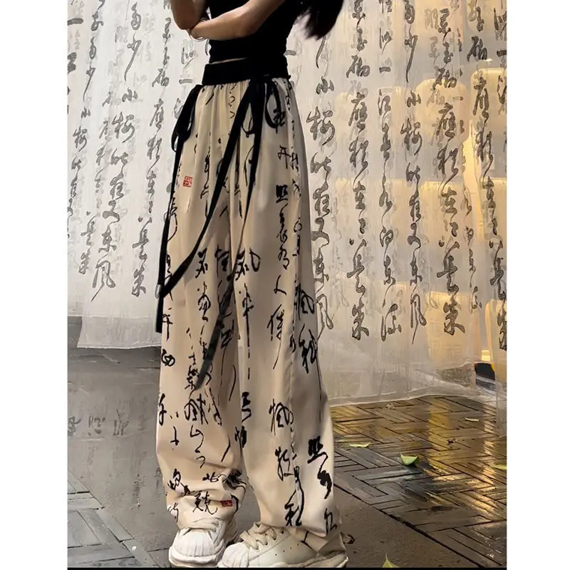 

Chinese Style Pants Women Retro Character Design Creativity All-match Elegant Summer Loose Ladies Streetwear Casual Trendy Daily