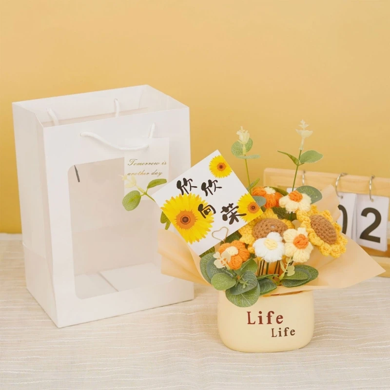 Künstliches gestricktes Blumenarrangement, handgefertigt mit Baumwollfaden, gehäkelte Blumensträuße für Muttertagsgeschenk, 3 x – Detail 1