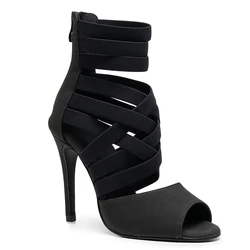 Donna latino sala da ballo nero stringate scarpe da ballo moderne suola in gomma scamosciata Jazz salsa tacchi Slim cubani donna Open toe Stiletto