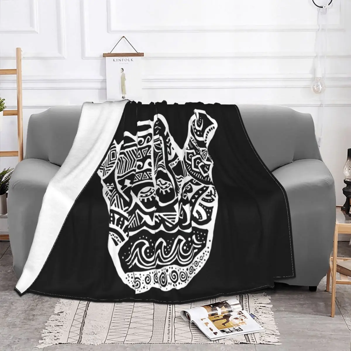 Hang Loose White Polynesian Tribal Shaka Hand Boho Cotton Tee Cotton 3D Summer Pure Throw Blanket