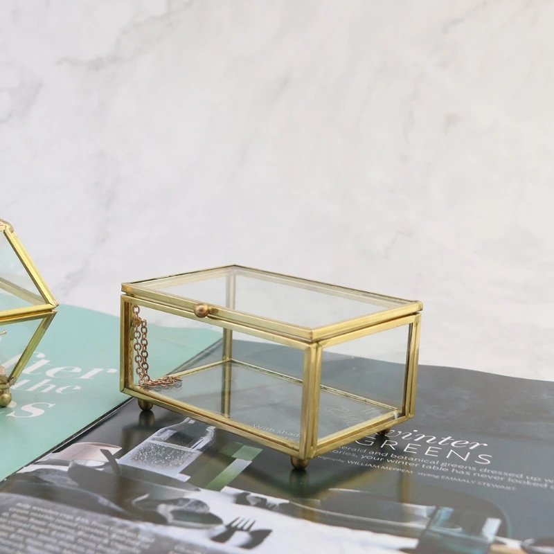 Golden Metal Vintage Glass Jewelry Box Rectangle Geometric Jewelry Display Box for Case for Home Deco