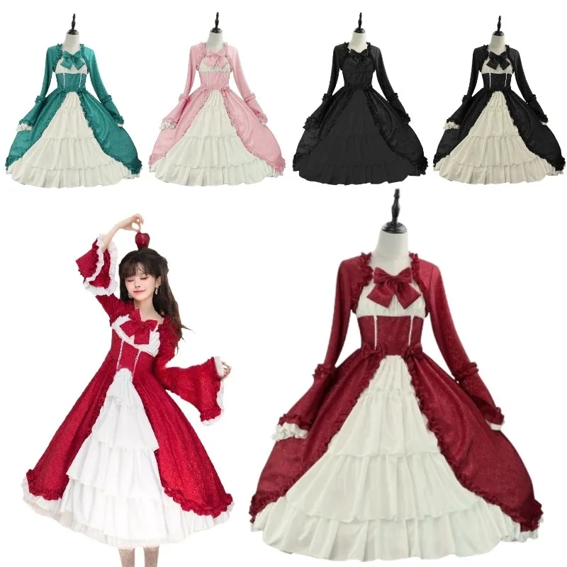 

Medieval Retro Gothic Lolita Princess Dress Elegant Court Square Neck Tight Waist Bowknot Gowns for Women Halloween Party