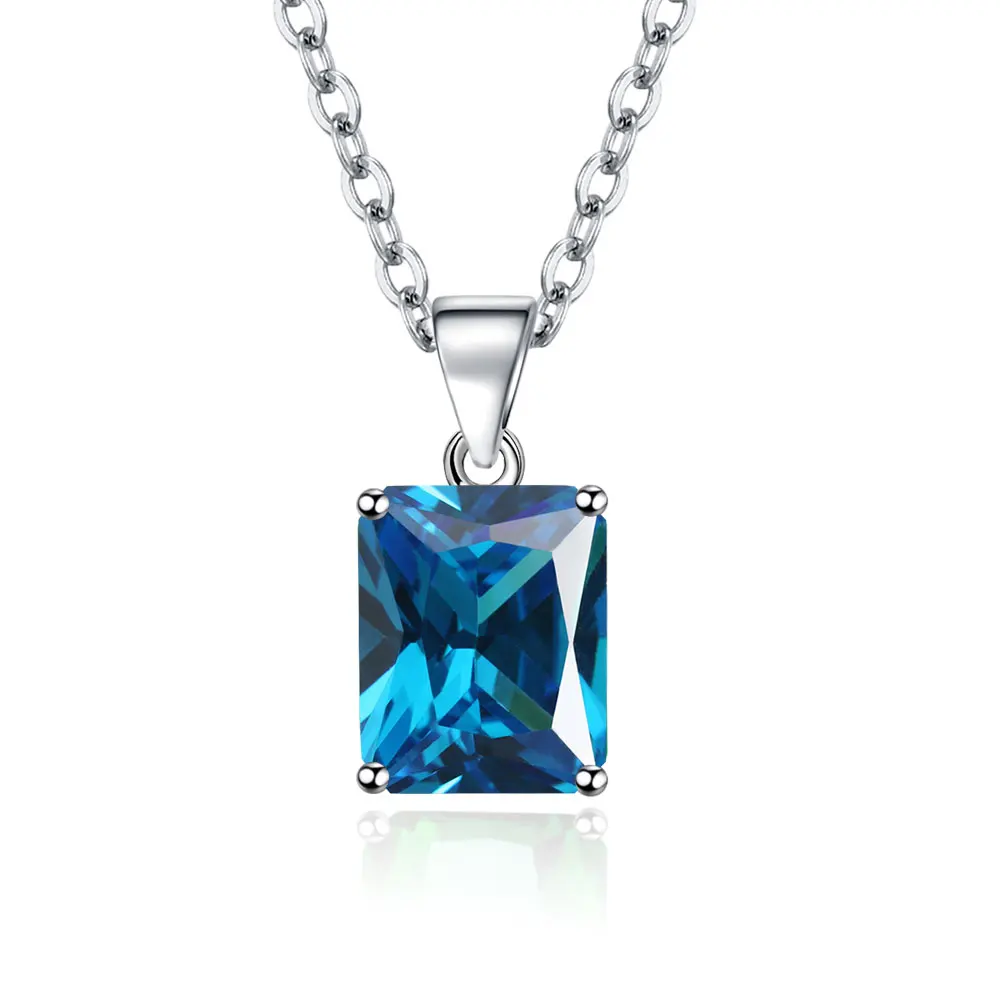 Emerald Cut Blue Topaz Created Blue Sapphire 925 Sterling Silver Pendant Necklace for Woman Rectangle Gemstone Jewelry Choker