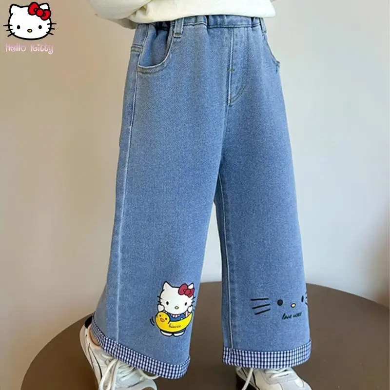

Kawaii Girls Autumn New Jeans Sanrio Hello Kitty Girls Cartoon Kawaii Casual Pants Comfortable Sweet Loose Straight Leg Pants