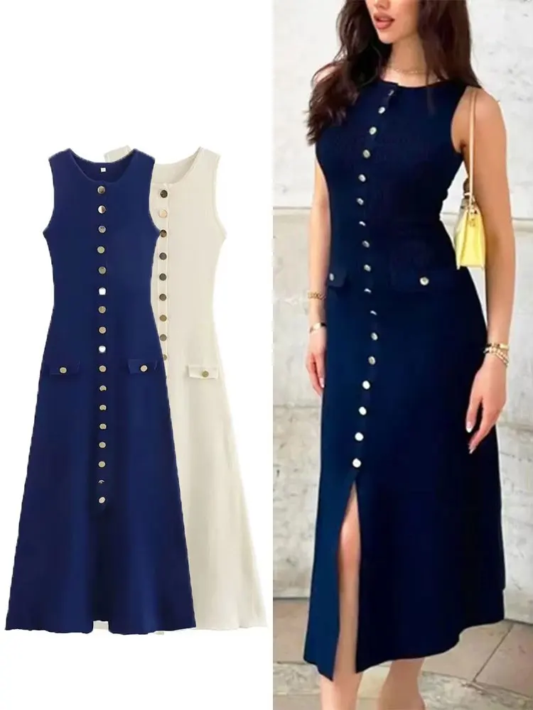 HH Women Knitted Solid Midi Dress Slim Single Breasted Sleeveless Dresses With  Fake Pockets Office Lady Woman Elegant Dress