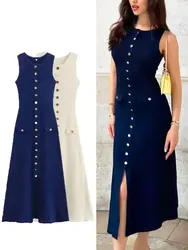 HH Women Knitted Solid Midi Dress Slim Single Breasted Sleeveless Dresses With  Fake Pockets Office Lady Woman Elegant Dress
