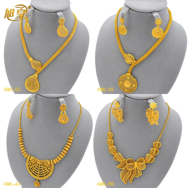 

XUHUANG Dubai Fashion Bridal Big Pendant Jewelry Sets Indian Wedding 24k Gold Plated Necklace&Earrings Set for Arab Party Gifts