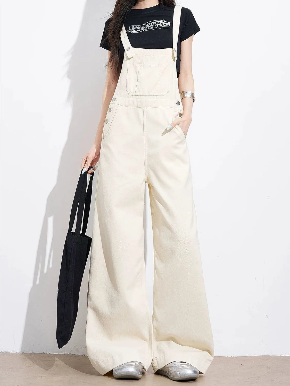 High Waist Wide Leg Overalls Women's Khaki Denim Jeans Spring Autumn Fashion Vintage Style Loose Fit Slimming Korean Version
