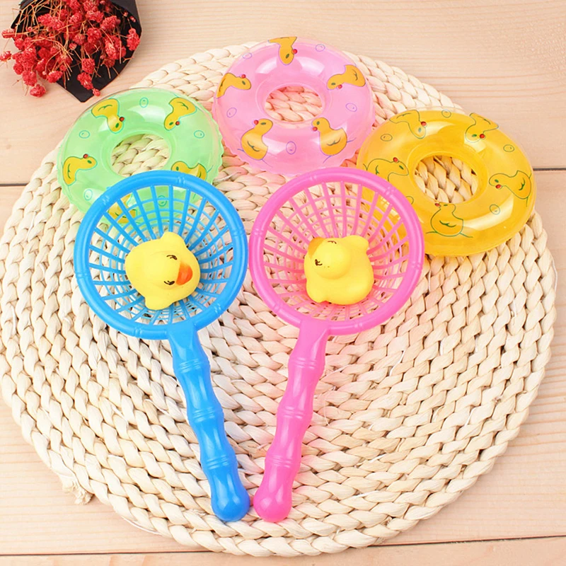 New 5Pcs/Set Kids Floating Bath Toys Mini Swimming Rings Rubber Yellow Ducks Fishing Net Washing Swimming Toddler Toys Water Fun