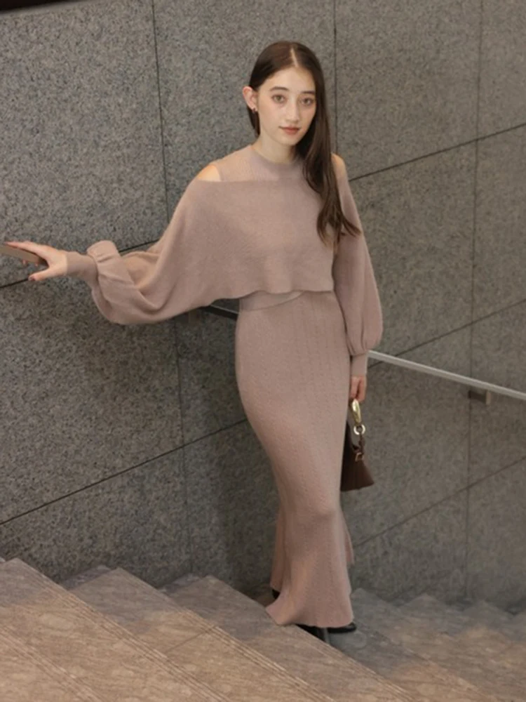 Japonês doce moda vestido de malha blusa conjunto de 2 peças outono inverno novo feminino fino ajuste elegante fora do ombro malha pulôver vestido
