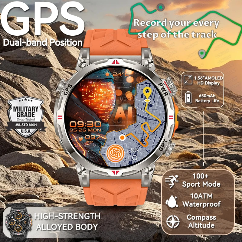 

2025 Built-in GPS Position 1.56"Smart Watch Men HD AMOLED Screen 10ATM Waterproof Compass 650mAh Battery Sport Military Bracelet